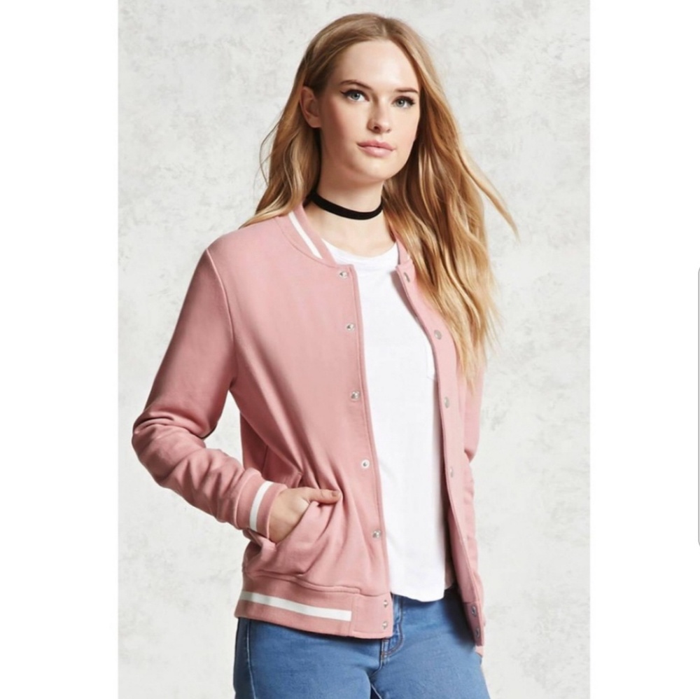 Forever 21 Rose Pink French Terry Varsity Jacket
